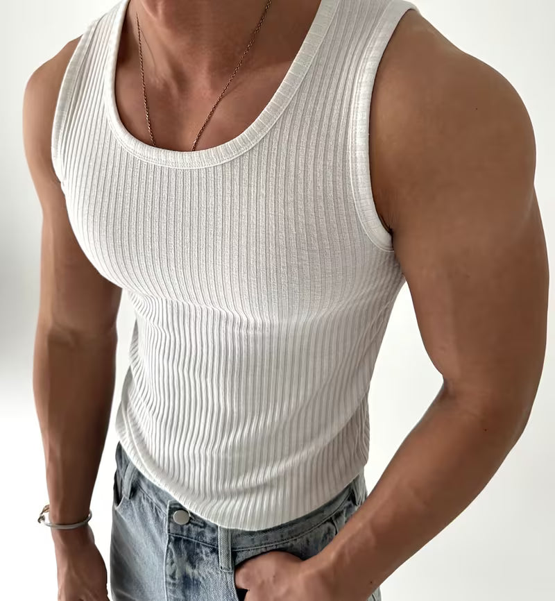 Men's Ribbed Muscle Tank Top - High Elasticity Tight Fit Sleeveless Gym Shirt