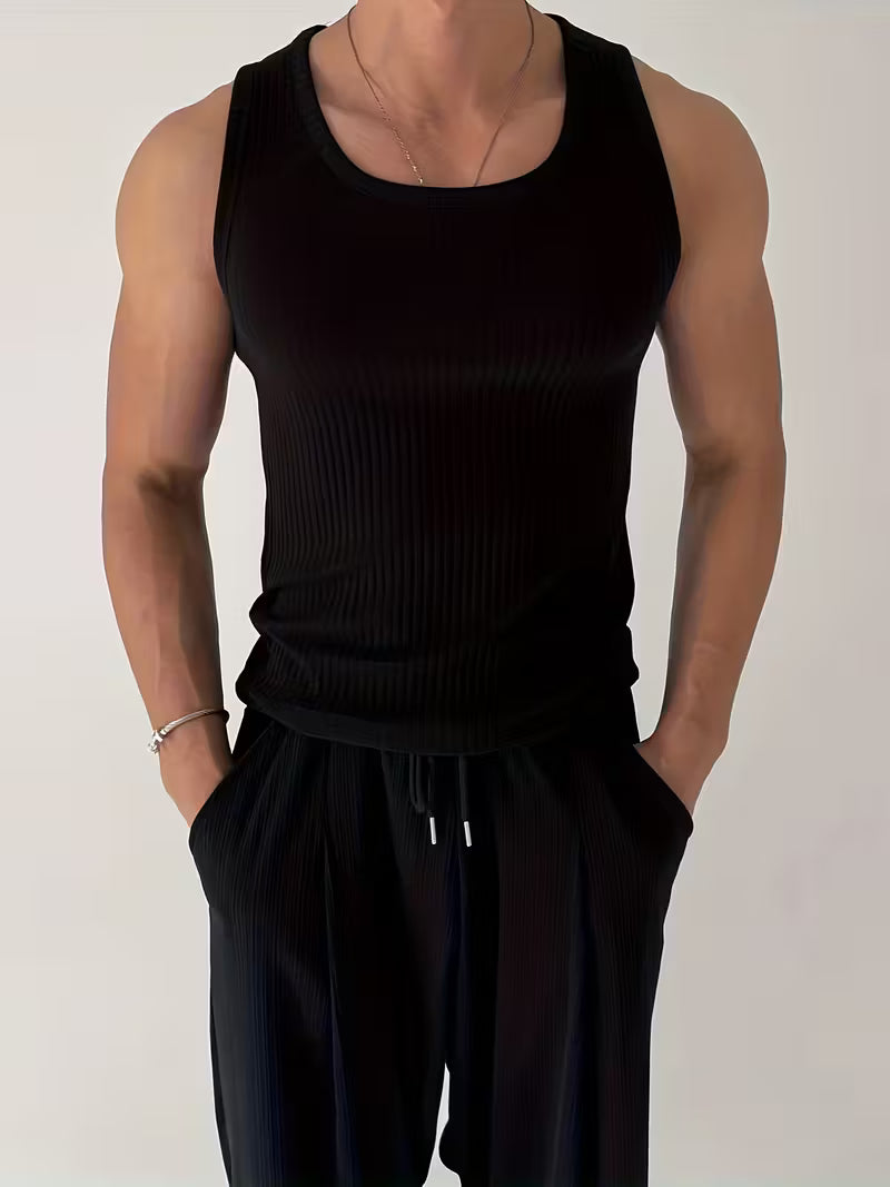 Men's Ribbed Muscle Tank Top - High Elasticity Tight Fit Sleeveless Gym Shirt