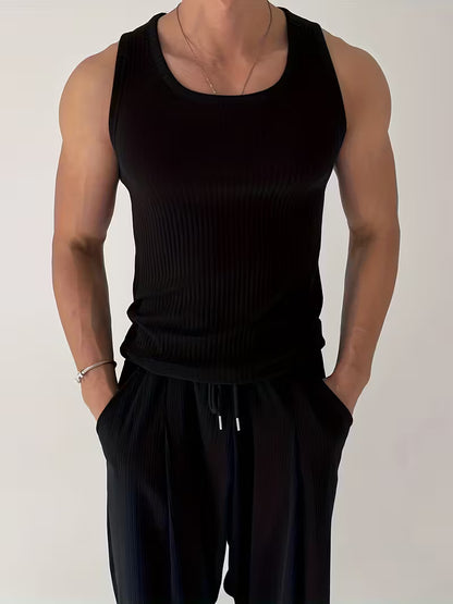 Men's Ribbed Muscle Tank Top - High Elasticity Tight Fit Sleeveless Gym Shirt