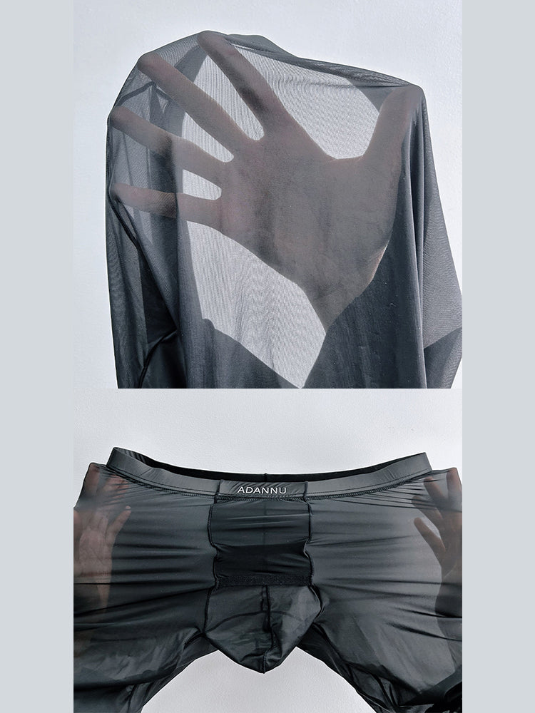 Men's Breathable Semi-transparent Sexy Black Silk Large Pouch Leggings