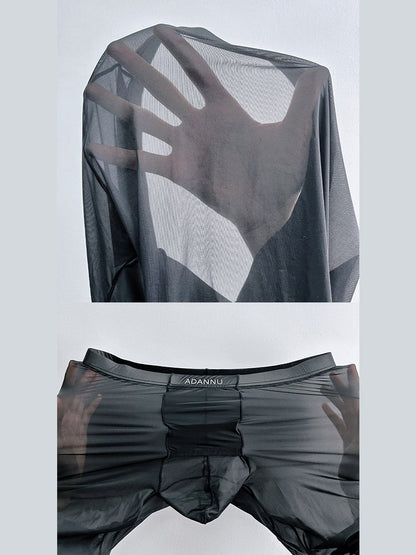 Men's Breathable Semi-transparent Sexy Black Silk Large Pouch Leggings