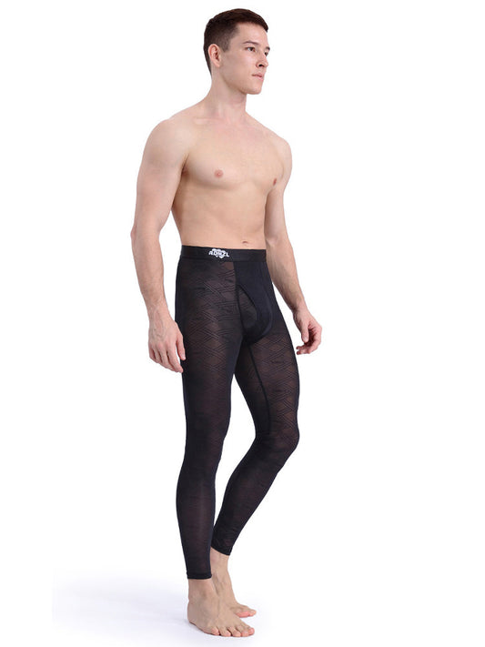 Men's Sexy Transparent Ice Silk Jacquard Seamless Tights Warm Pants