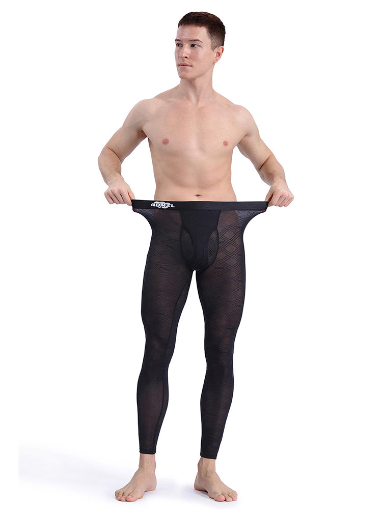 Men's Sexy Transparent Ice Silk Jacquard Seamless Tights Warm Pants