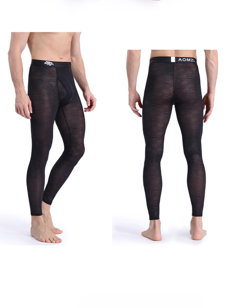 Men's Sexy Transparent Ice Silk Jacquard Seamless Tights Warm Pants