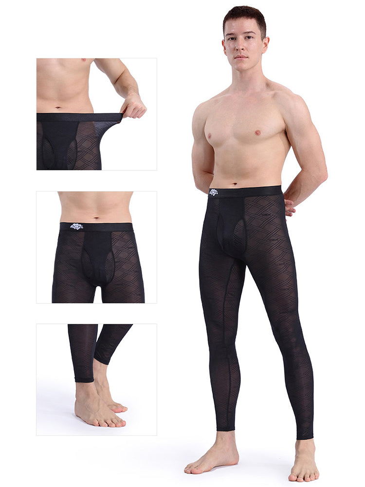 Men's Sexy Transparent Ice Silk Jacquard Seamless Tights Warm Pants