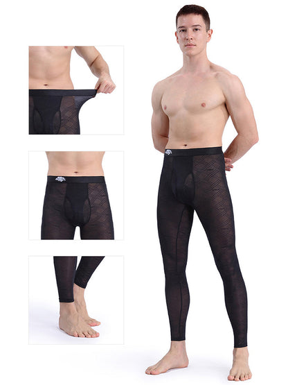 Men's Sexy Transparent Ice Silk Jacquard Seamless Tights Warm Pants
