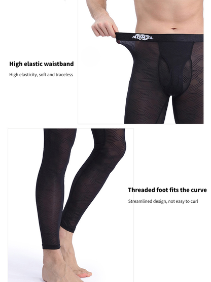 Men's Sexy Transparent Ice Silk Jacquard Seamless Tights Warm Pants