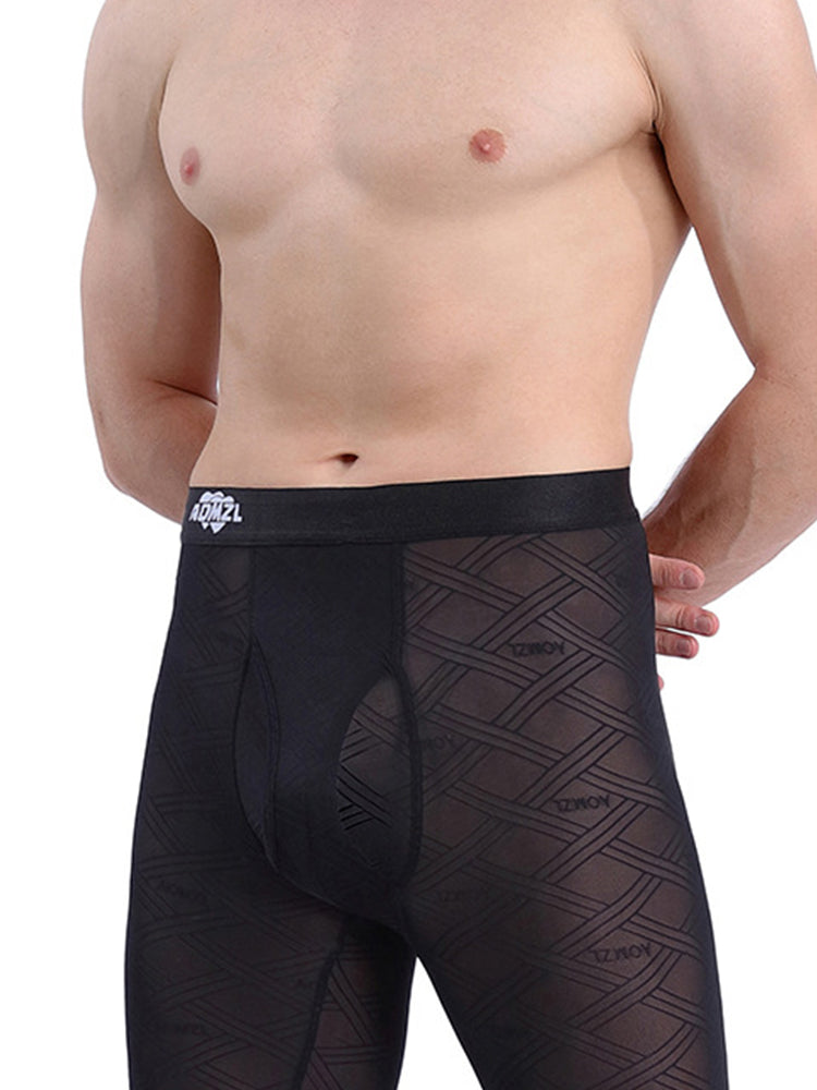 Men's Sexy Transparent Ice Silk Jacquard Seamless Tights Warm Pants