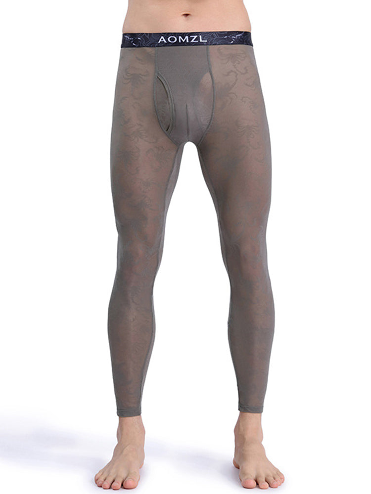 Men's Sexy Transparent Ice Silk Jacquard Seamless Tights Warm Pants