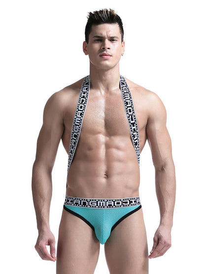 Men's Sexy Mesh U-convex Large Pouch Breathable Vest One-piece Suspender T-back
