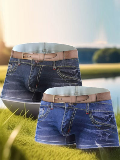 2 Pack Men's Denim Printed Cotton Boxer Briefs