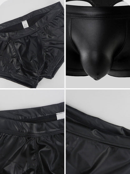2-pack Men's Leather Hollow Hip-revealing Large Pouch Boxer Briefs