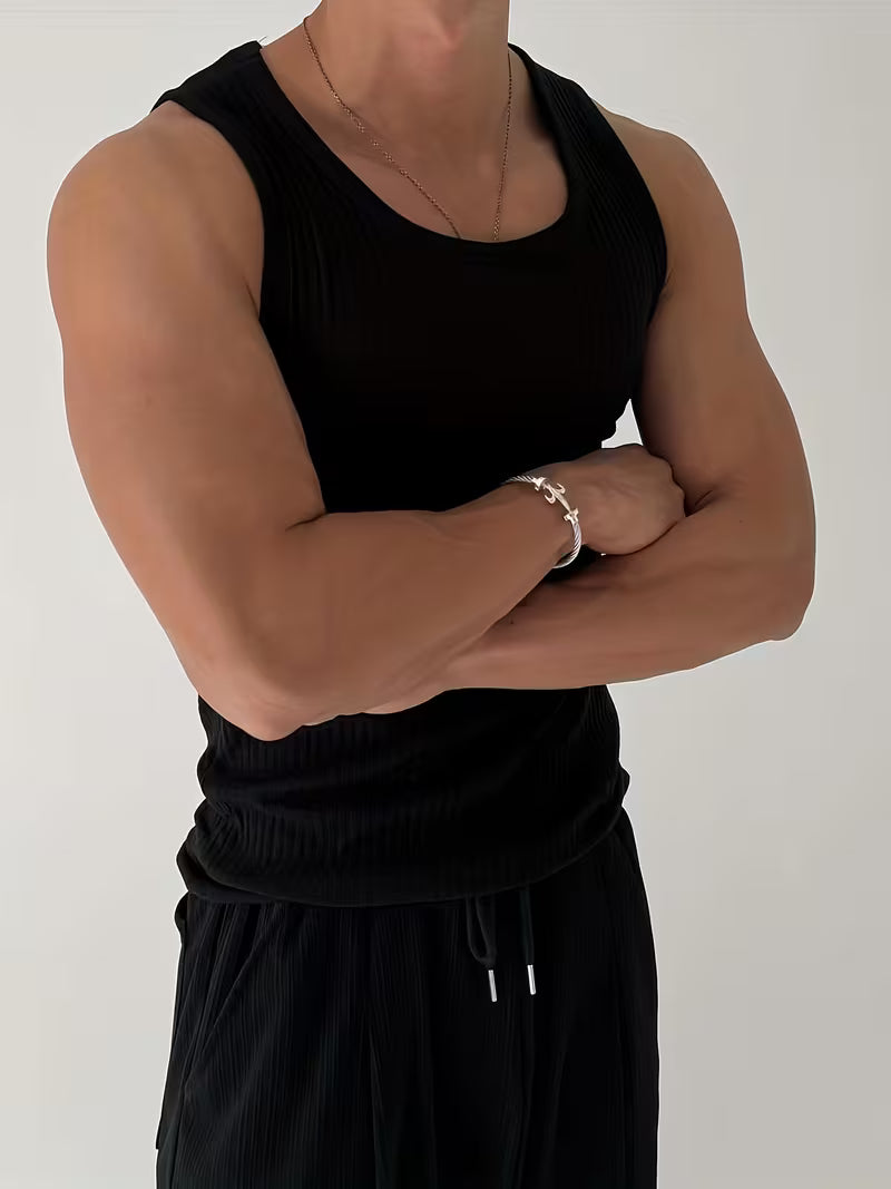 Men's Ribbed Muscle Tank Top - High Elasticity Tight Fit Sleeveless Gym Shirt