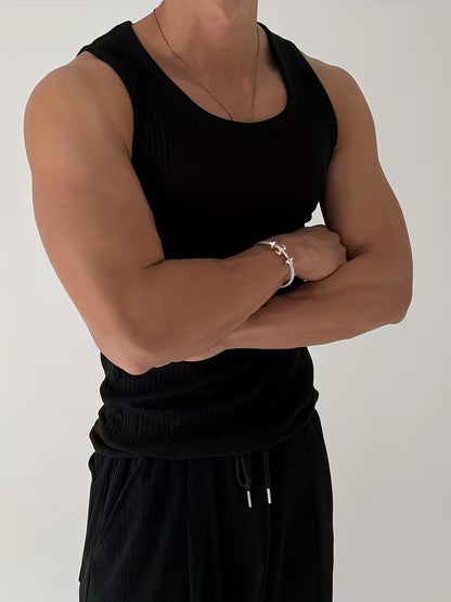Men's Ribbed Muscle Tank Top - High Elasticity Tight Fit Sleeveless Gym Shirt