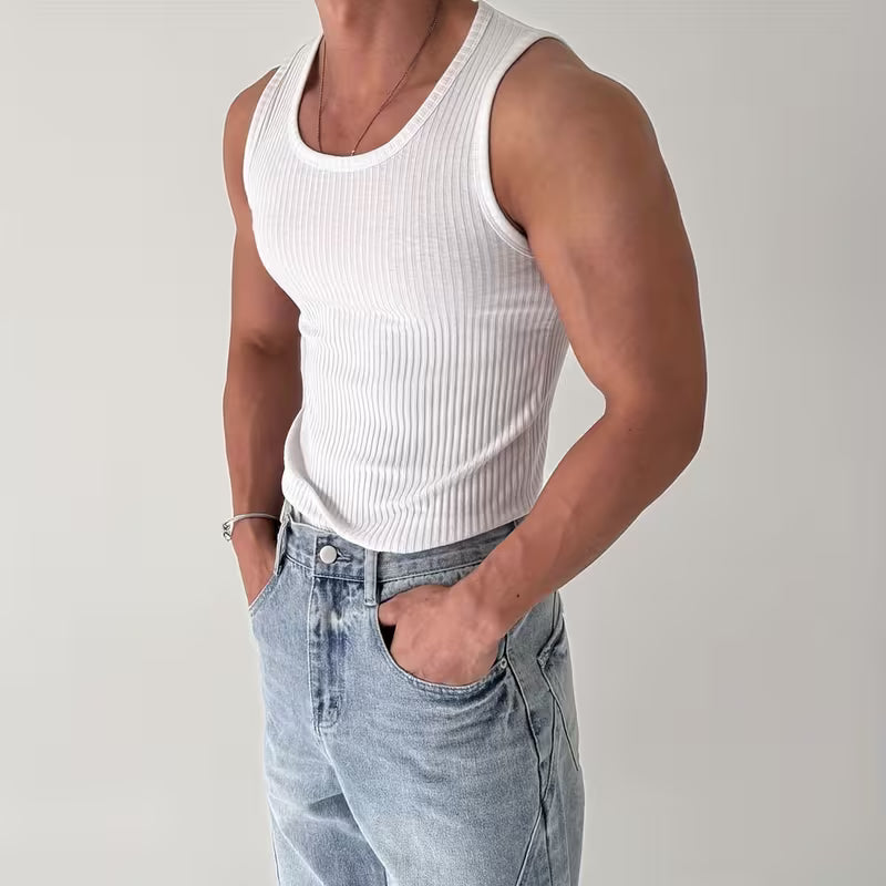 Men's Ribbed Muscle Tank Top - High Elasticity Tight Fit Sleeveless Gym Shirt
