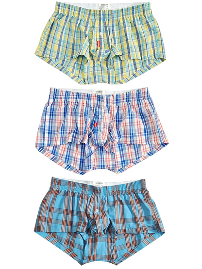 3 Pack Men's Plaid Cotton Trunks with Button Fly