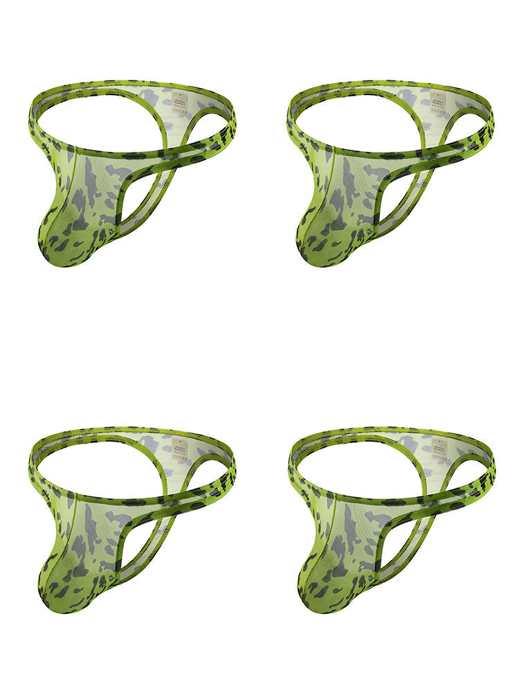 4 Pack Leopard Print See-through Mesh Thongs