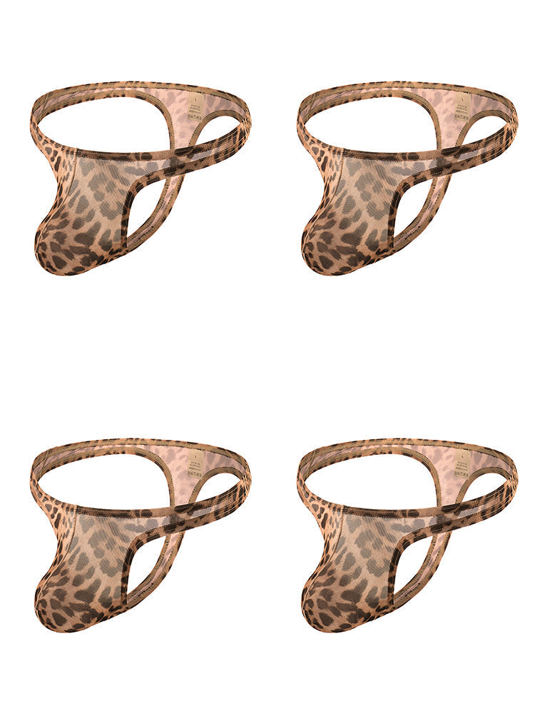 4 Pack Leopard Print See-through Mesh Thongs