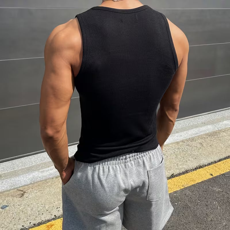 Men's Ribbed Muscle Tank Top - High Elasticity Tight Fit Sleeveless Gym Shirt