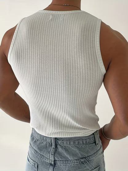 Men's Ribbed Muscle Tank Top - High Elasticity Tight Fit Sleeveless Gym Shirt