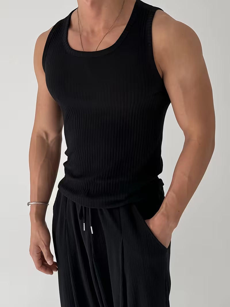 Men's Ribbed Muscle Tank Top - High Elasticity Tight Fit Sleeveless Gym Shirt