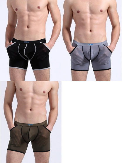 3 Pack Men's Long Leg Boxer Briefs Made of Ultra-Thin Ice Silk with Anti-Wear Elastic