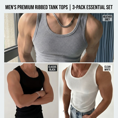 Men's Ribbed Muscle Tank Top - High Elasticity Tight Fit Sleeveless Gym Shirt