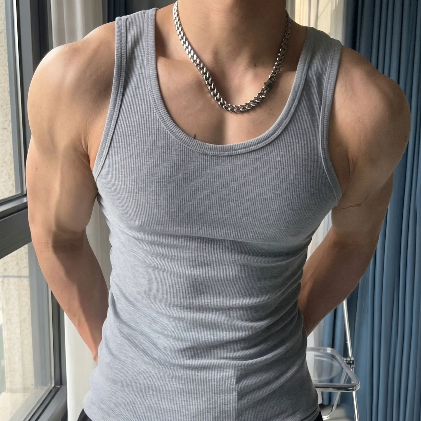 Men's Ribbed Muscle Tank Top - High Elasticity Tight Fit Sleeveless Gym Shirt