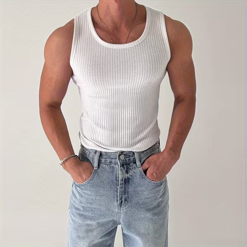 Men's Ribbed Muscle Tank Top - High Elasticity Tight Fit Sleeveless Gym Shirt