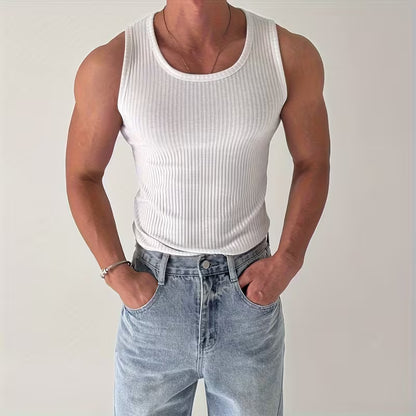 Men's Ribbed Muscle Tank Top - High Elasticity Tight Fit Sleeveless Gym Shirt